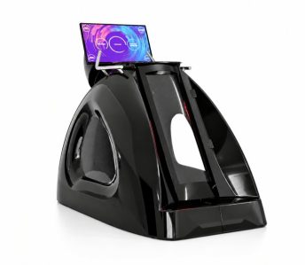 Sleek black all‑in‑one home gym with a large touchscreen mounted above a U‑shaped frame for on‑screen guided workouts.