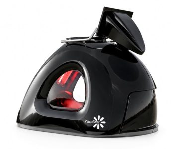 Black VacuStar vacuum cleaner head with a transparent dust chamber and raised lid (product image).