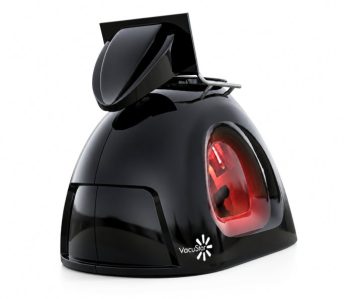 Black VacuStar vacuum sealer with lid raised and red sealing window, on a white background.