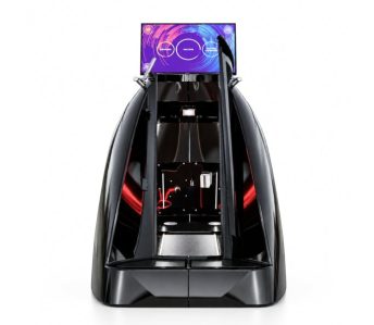 Futuristic black self-serve beverage machine with a large top touchscreen showing purple circular graphics and an open front revealing internal compartments