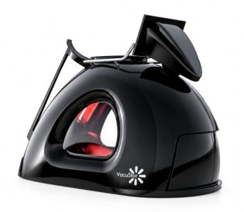 Black VacuStar vacuum sealer with lid raised, showing sealing chamber and transparent window on the side.