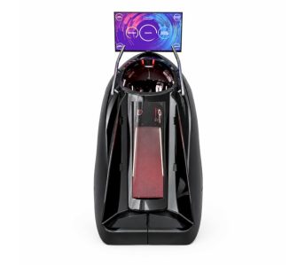 Front view of a black, pod-style exercise machine with a colorful touchscreen display mounted above, and a red interior bench inside.