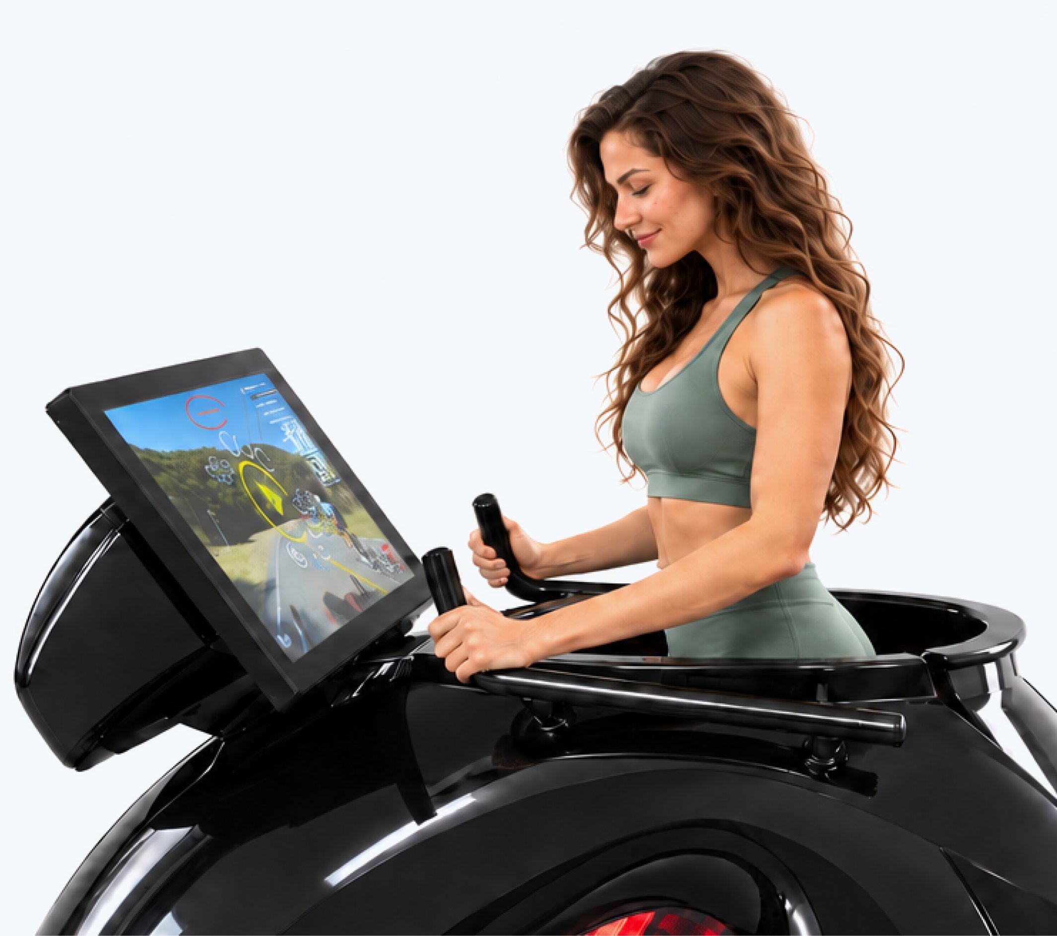 Woman in a green sports top exercising on a modern treadmill with a large angled touchscreen display showing workout data