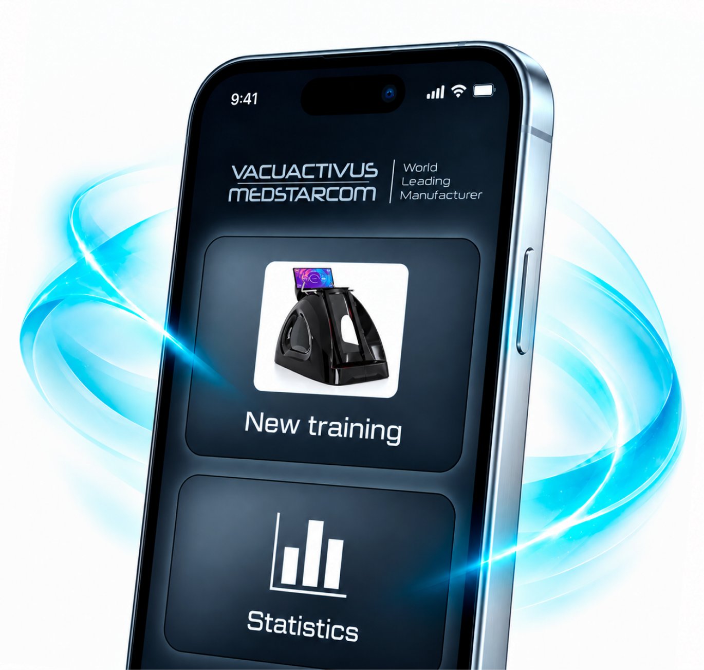 Smartphone screen displaying a 'New training' tile with a small image of a training device, and a 'Statistics' tile below, set against a blue glow background.