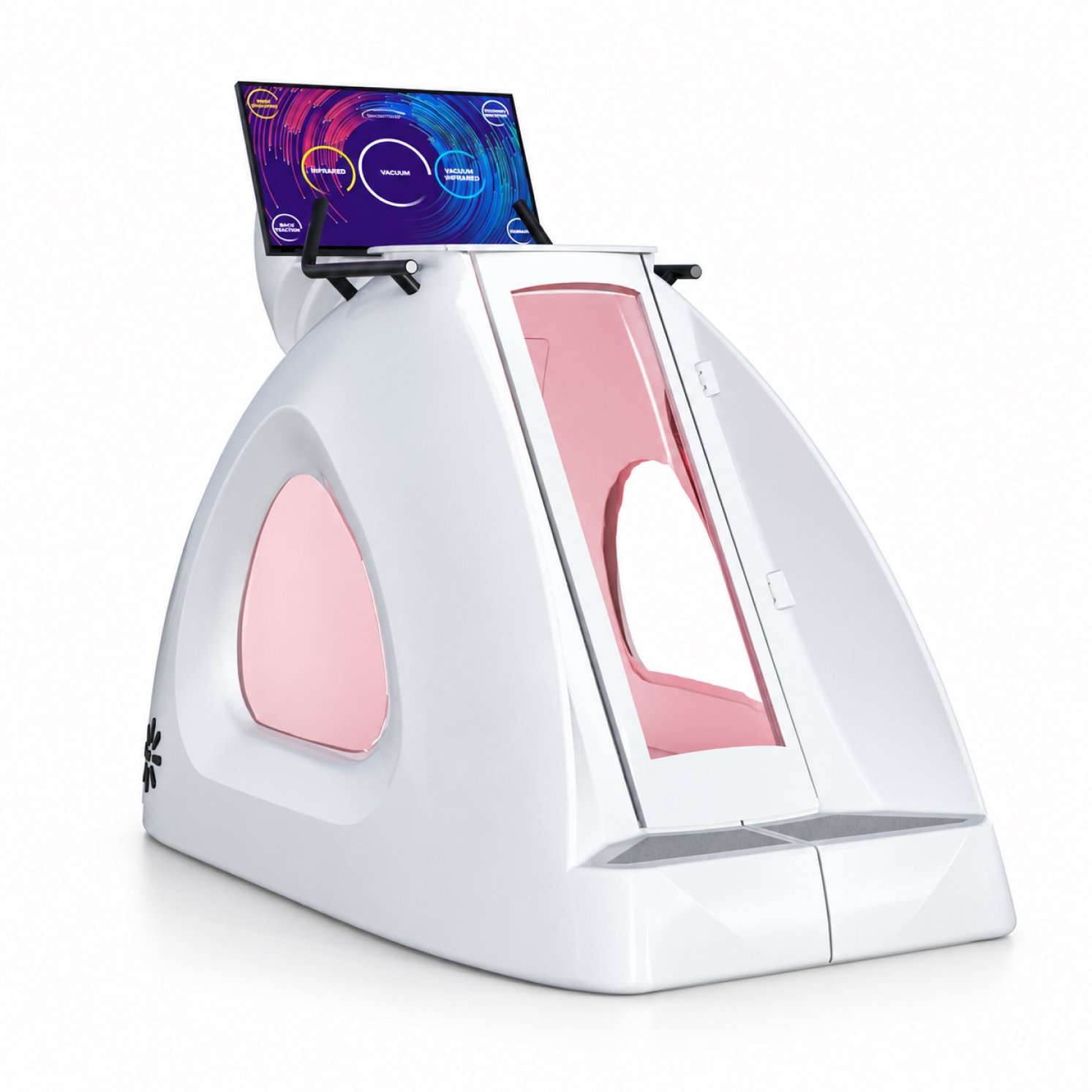 Medical MRI scanner with a pink interior bore and a color monitor on top displaying graphics.