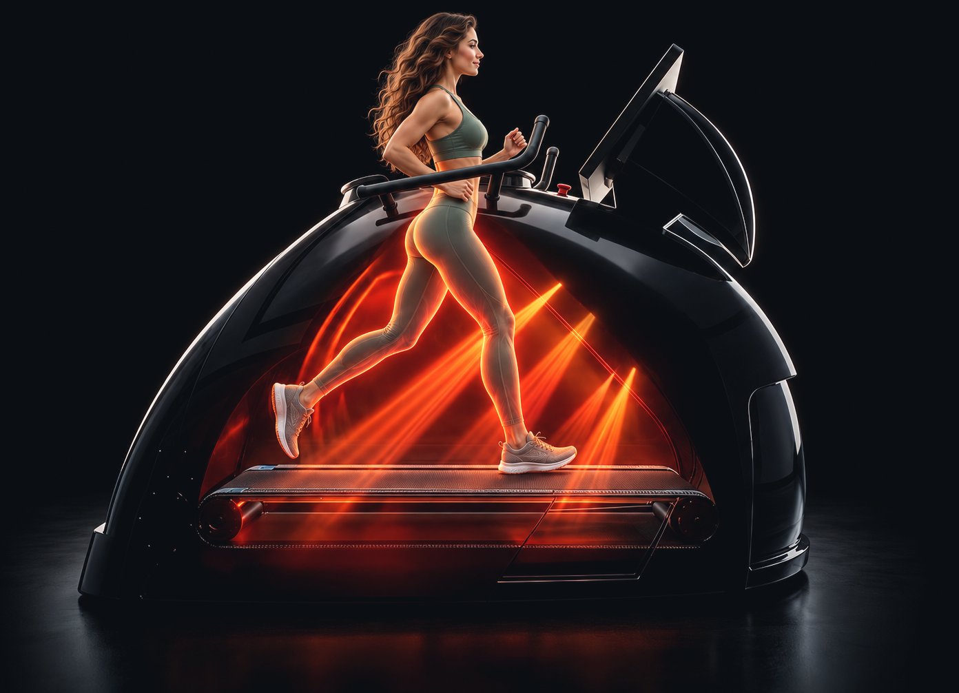 Athlete running on a glowing red, futuristic treadmill inside a sleek black capsule studio.