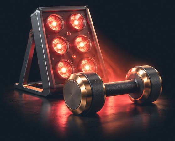 Red infrared therapy lamp behind a black-and-gold dumbbell on a dark surface, ready for a workout warm-up.