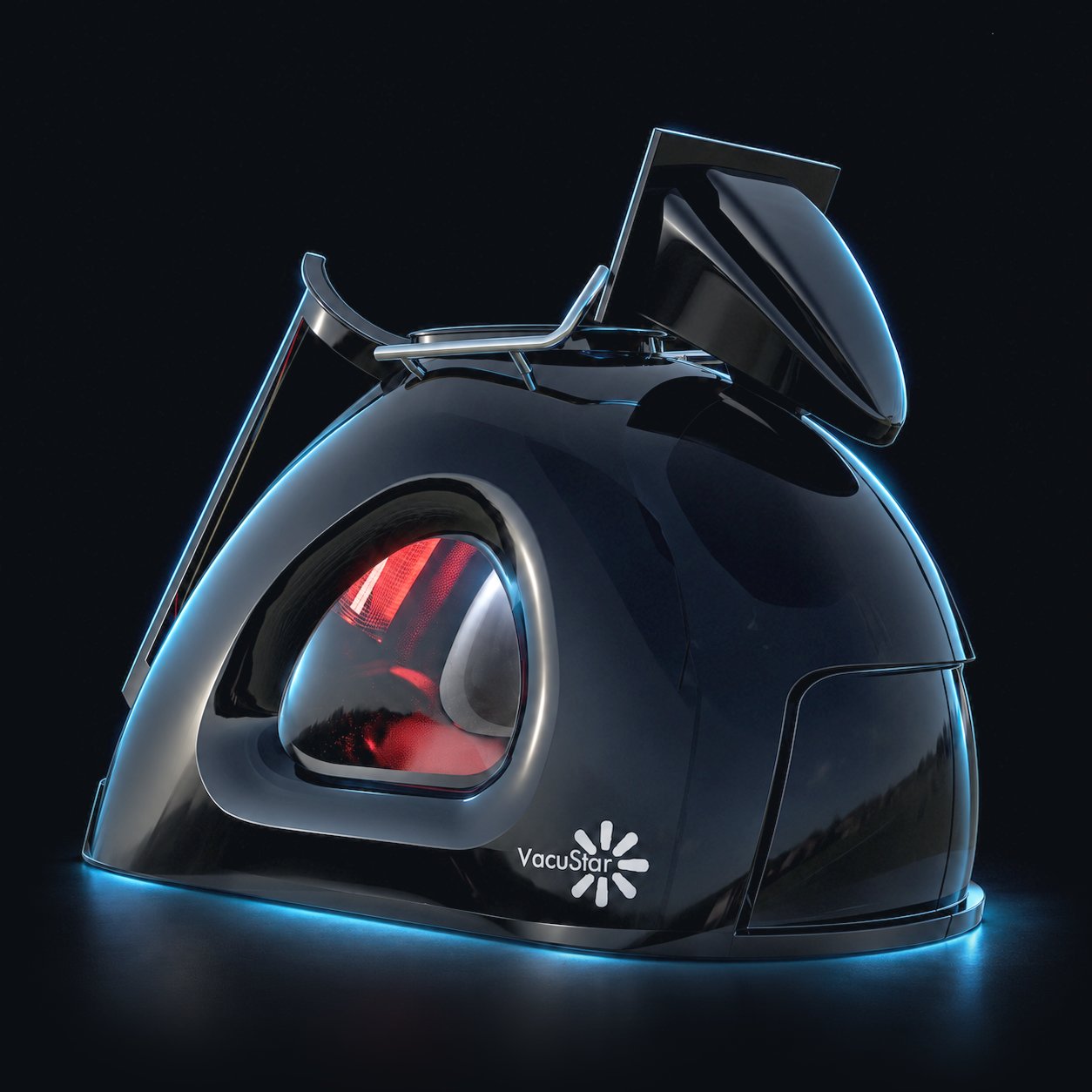 Sleek black vacuum cleaner with glowing blue edges and an open top lid, showing a futuristic design and the VacuStar logo on the side.