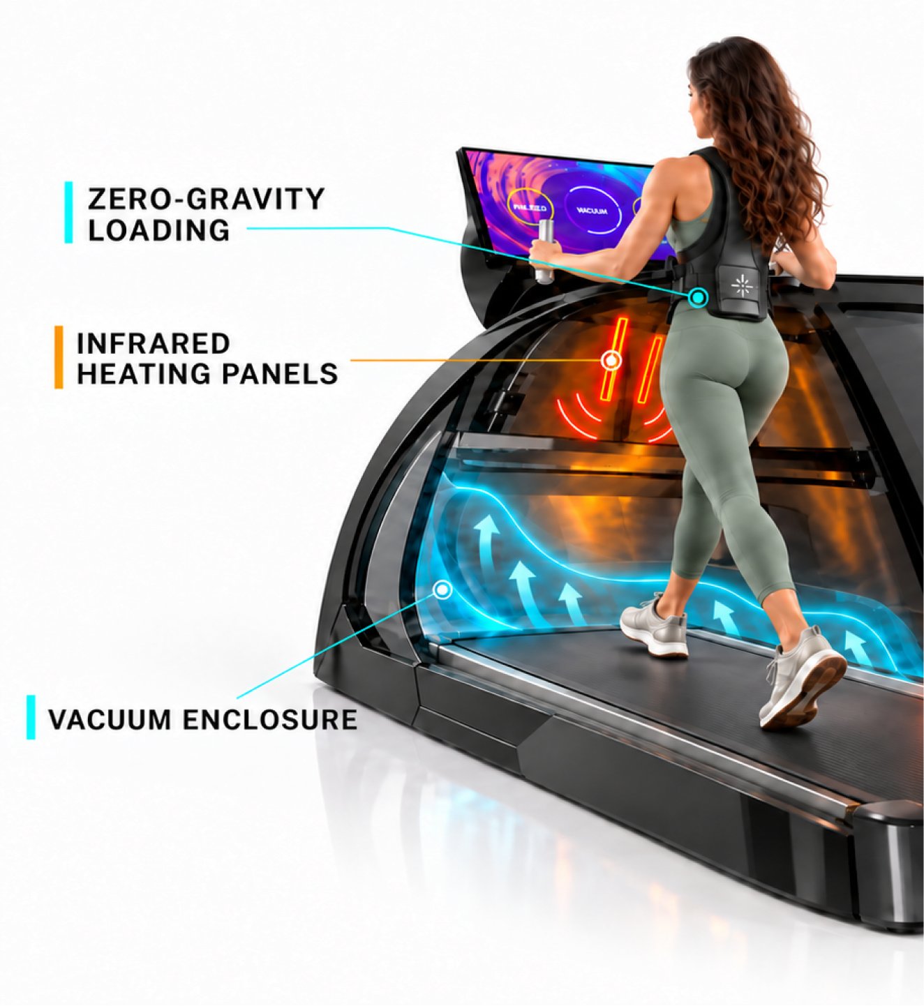 Infographic of a high-tech treadmill showing zero-gravity loading, infrared heating panels, and vacuum enclosure.