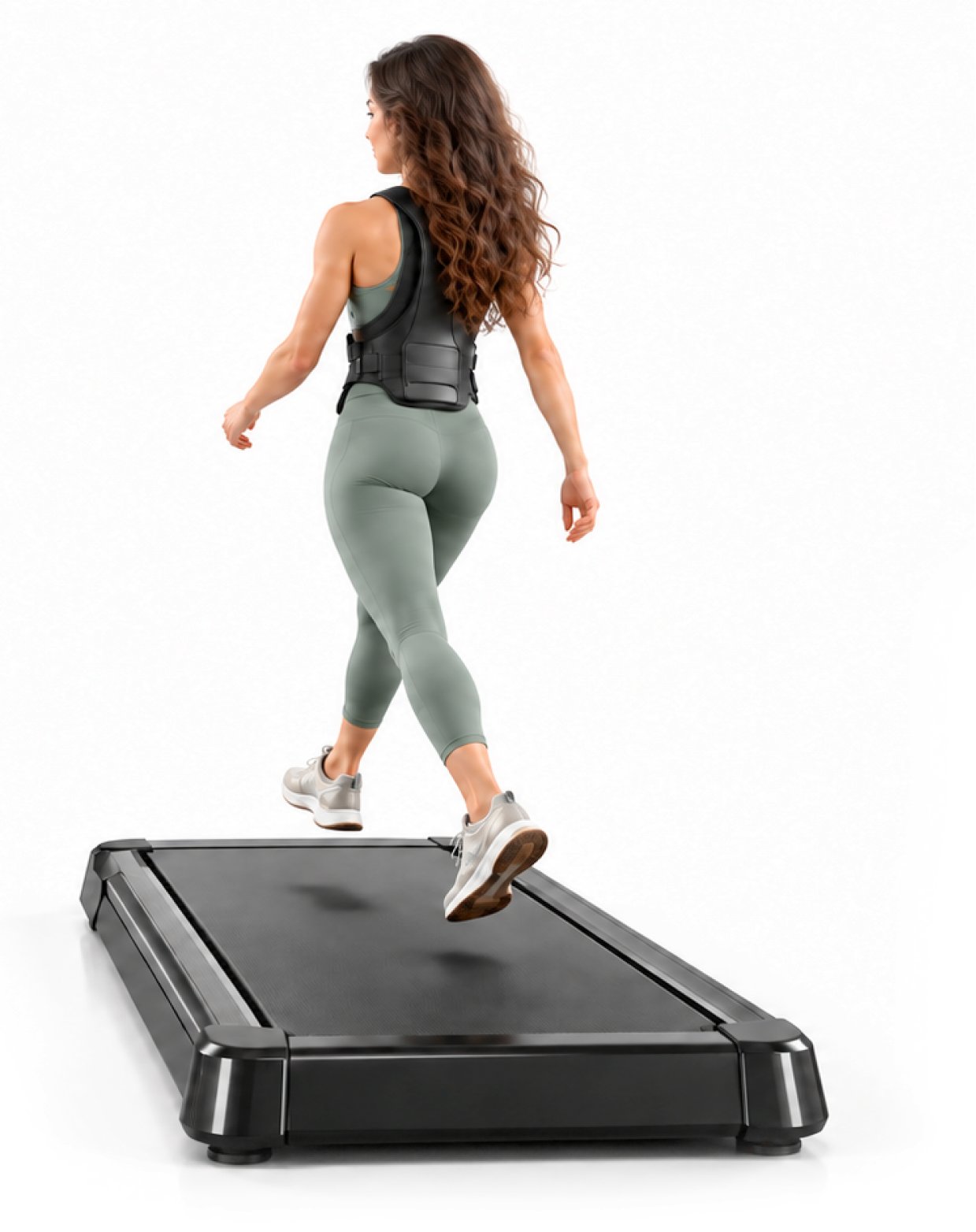 Woman in green leggings walking on a treadmill, wearing a black back support brace, seen from behind.