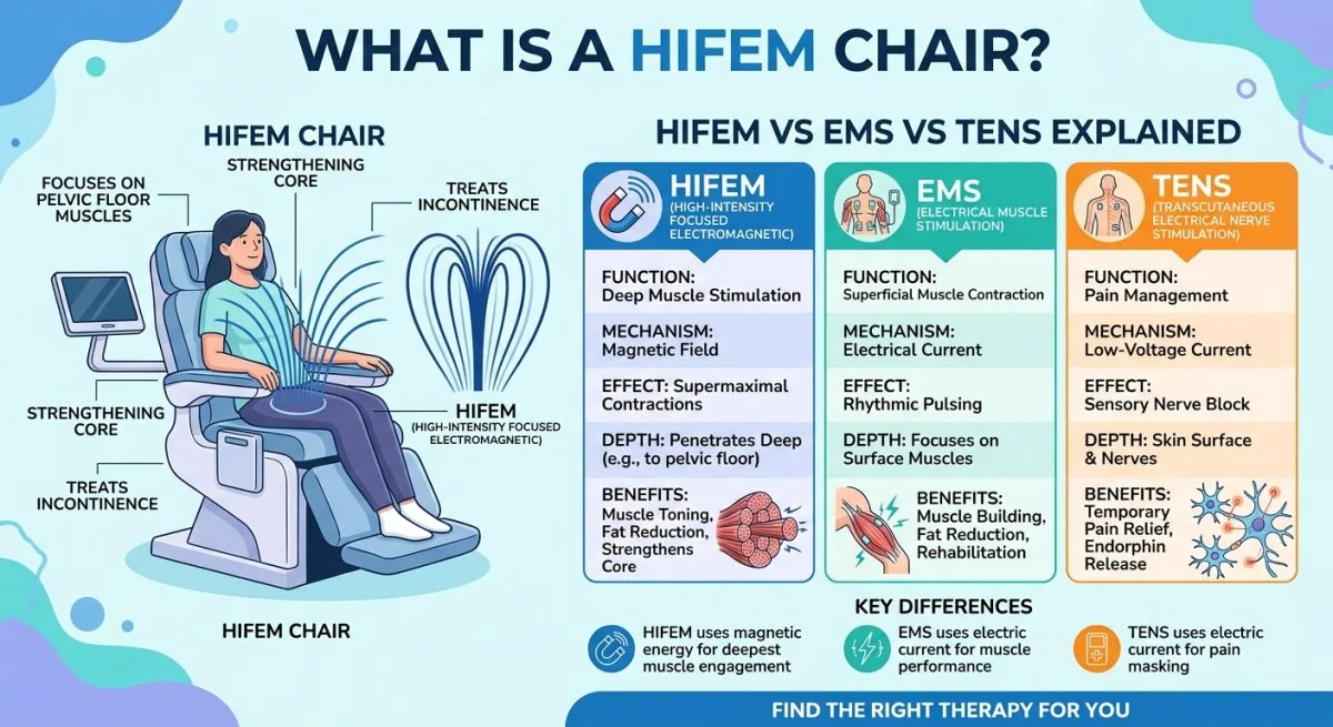 What is a HIFEM chair HIFEM vs EMS vs TENS explained hero showing Magnetique X-Trone dual-zone HIFEM chair 5.8 Tesla magnetic field penetrating clothing to induce supramaximal contractions activating approximately 100 percent of muscle fibers versus 40 to 60 percent typical of voluntary effort or standard EMS surface electrode stimulation for non-invasive pelvic floor and lower back muscle activation without electrodes or direct skin contact - VACUACTIVUS cryotherapy chambers and weight loss machines What Is a HIFEM Chair? HIFEM vs EMS vs TENS Explained| image_1